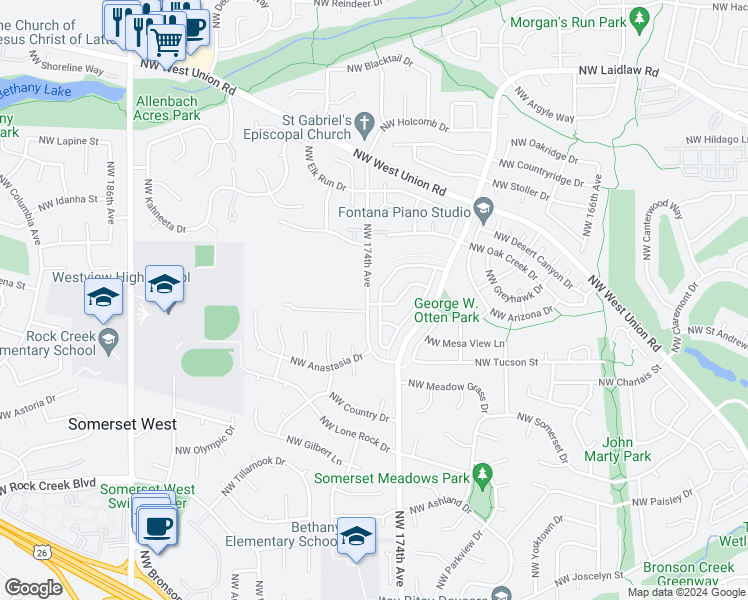 map of restaurants, bars, coffee shops, grocery stores, and more near 17393 Northwest Gold Canyon Lane in Beaverton