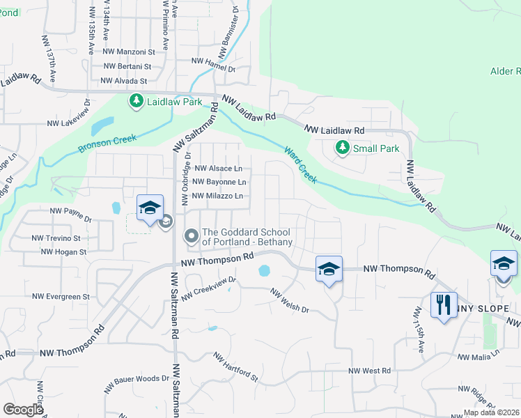 map of restaurants, bars, coffee shops, grocery stores, and more near 4327 Northwest Ashbrook Drive in Portland