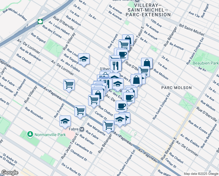map of restaurants, bars, coffee shops, grocery stores, and more near 7081 Avenue des Érables in Montréal
