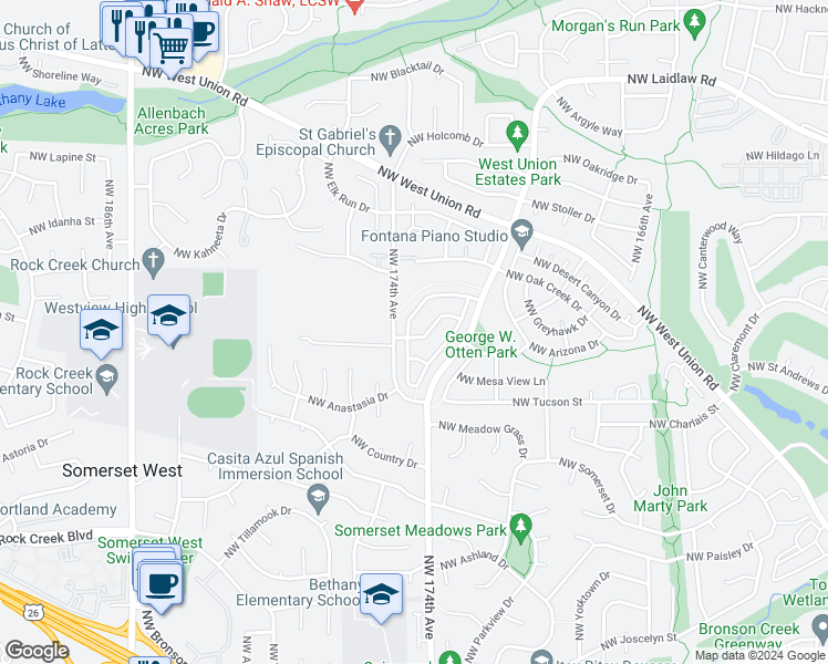 map of restaurants, bars, coffee shops, grocery stores, and more near 17386 Northwest Gold Canyon Lane in Beaverton
