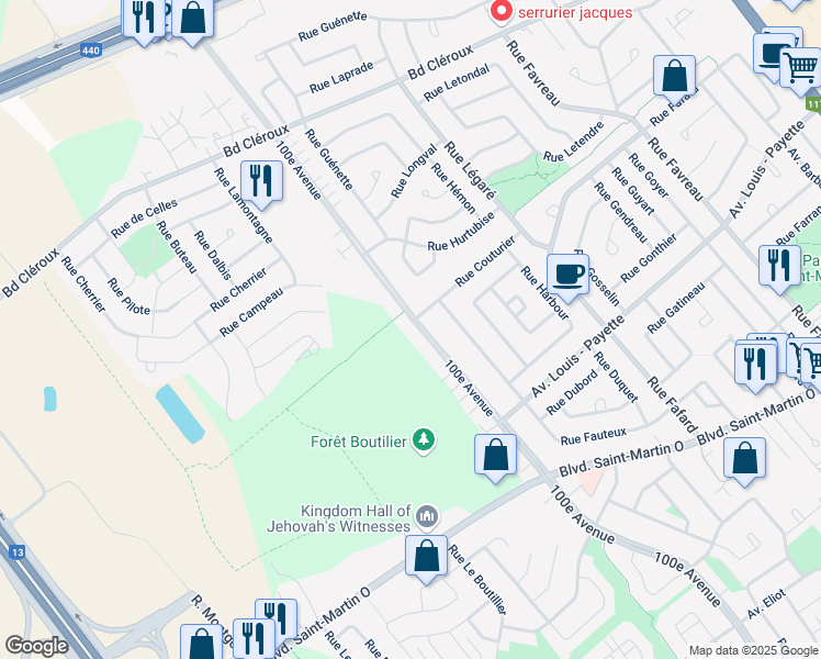 map of restaurants, bars, coffee shops, grocery stores, and more near 2216 100e Avenue in Laval