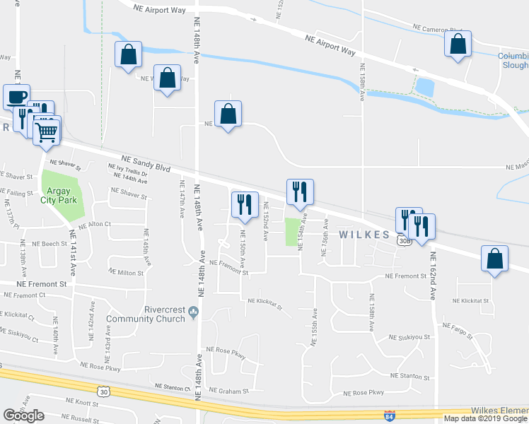map of restaurants, bars, coffee shops, grocery stores, and more near 3825 Northeast 152nd Avenue in Portland