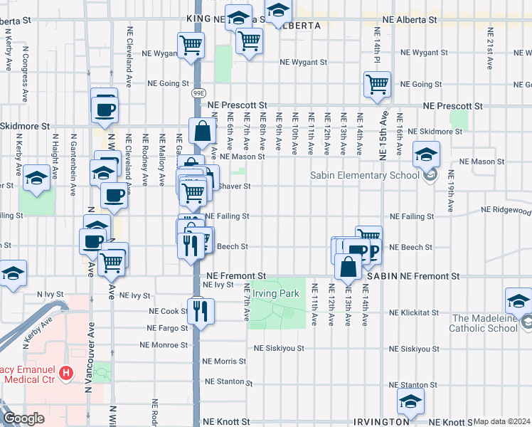 map of restaurants, bars, coffee shops, grocery stores, and more near 3823 Northeast 8th Avenue in Portland
