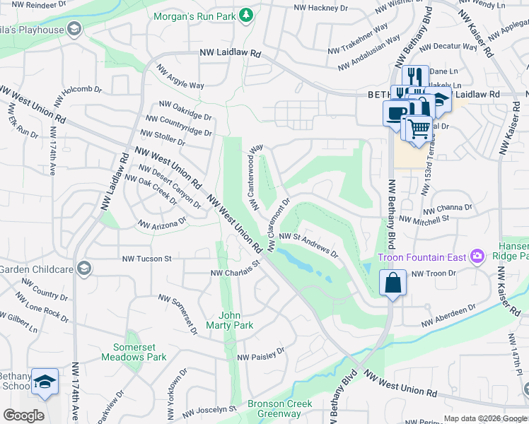 map of restaurants, bars, coffee shops, grocery stores, and more near 16190 Northwest Canterwood Way in Portland