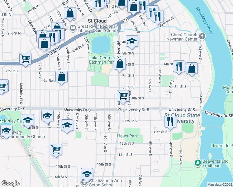 map of restaurants, bars, coffee shops, grocery stores, and more near 825 9th Avenue South in St. Cloud