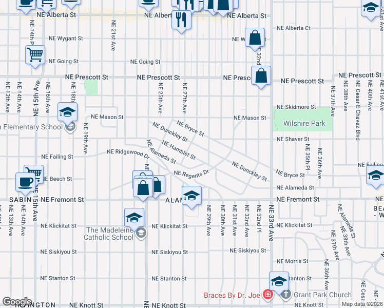 map of restaurants, bars, coffee shops, grocery stores, and more near 2817 Northeast Hamblet Street in Portland