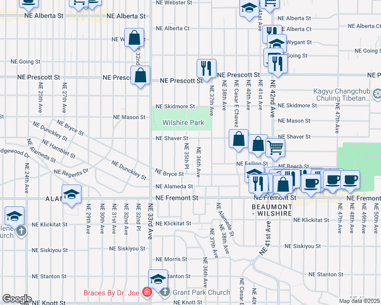 map of restaurants, bars, coffee shops, grocery stores, and more near 3900 Northeast 35th Place in Portland