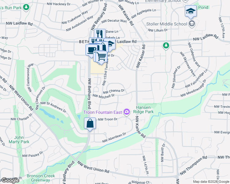 map of restaurants, bars, coffee shops, grocery stores, and more near 15178 Northwest Channa Drive in Portland
