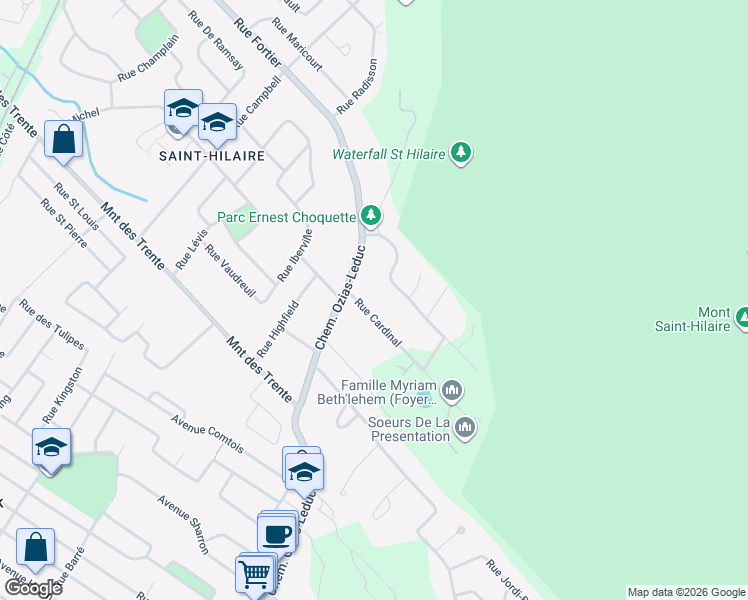 map of restaurants, bars, coffee shops, grocery stores, and more near 639 Rue Cardinal in Mont-Saint-Hilaire