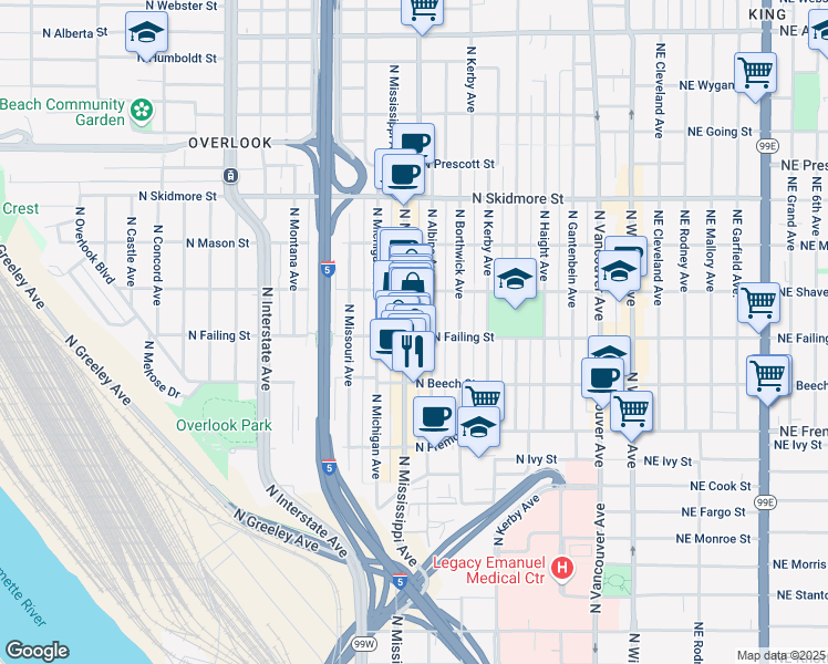 map of restaurants, bars, coffee shops, grocery stores, and more near 3820 North Albina Avenue in Portland
