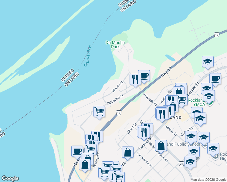 map of restaurants, bars, coffee shops, grocery stores, and more near 2584 Woods Street in Clarence-Rockland