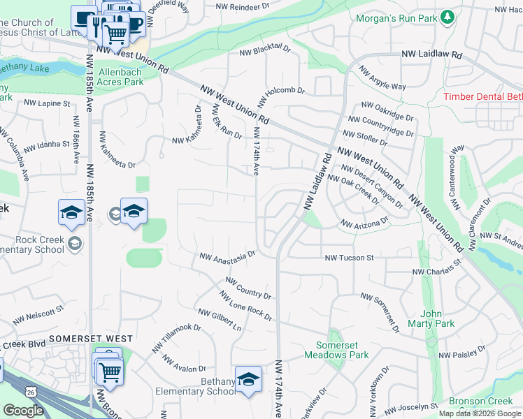 map of restaurants, bars, coffee shops, grocery stores, and more near 4255 Northwest 174th Avenue in Portland