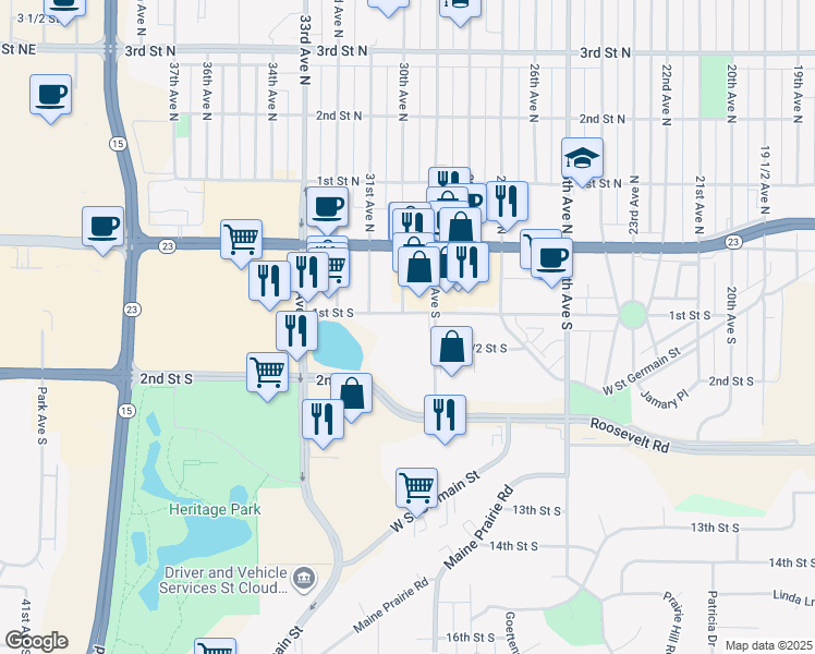 map of restaurants, bars, coffee shops, grocery stores, and more near 121 29th Avenue South in St. Cloud