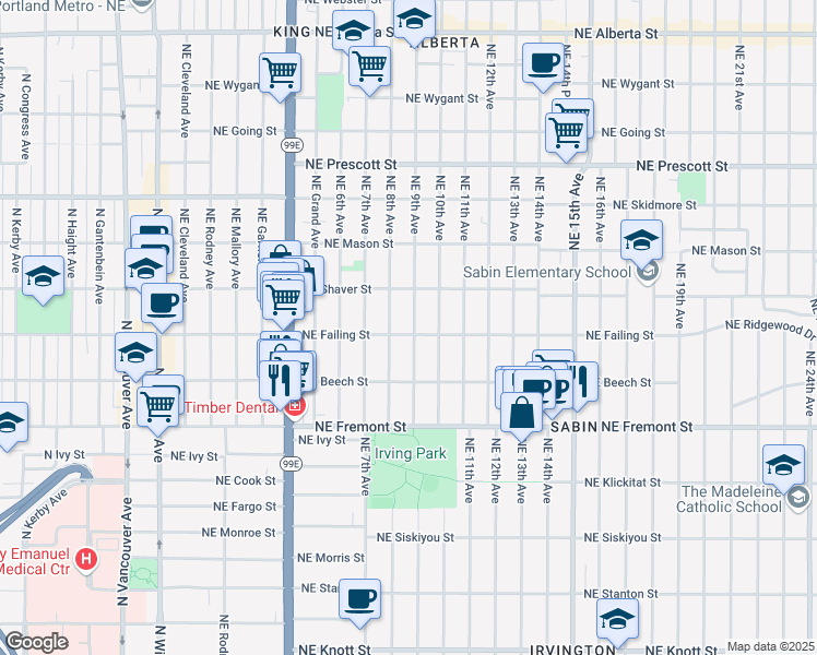 map of restaurants, bars, coffee shops, grocery stores, and more near 3826 Northeast 9th Avenue in Portland