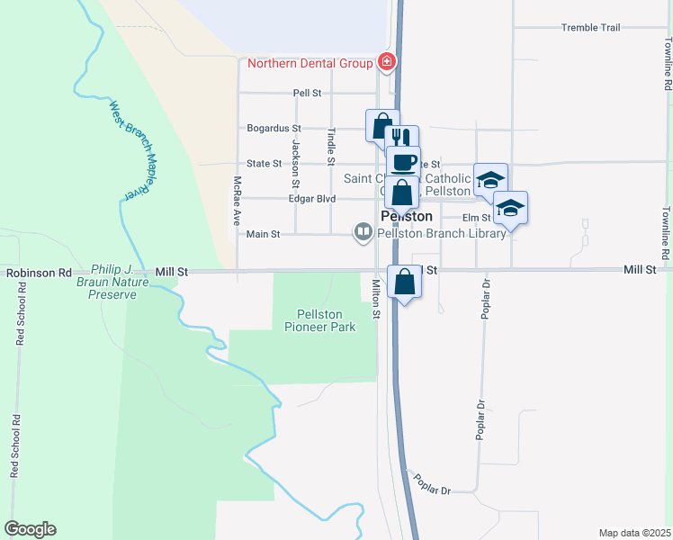 map of restaurants, bars, coffee shops, grocery stores, and more near in Pellston