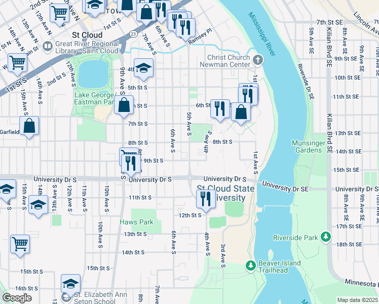 map of restaurants, bars, coffee shops, grocery stores, and more near 909 5th Avenue South in St. Cloud