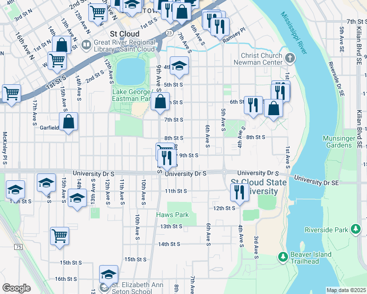 map of restaurants, bars, coffee shops, grocery stores, and more near 714 9th Street South in St. Cloud
