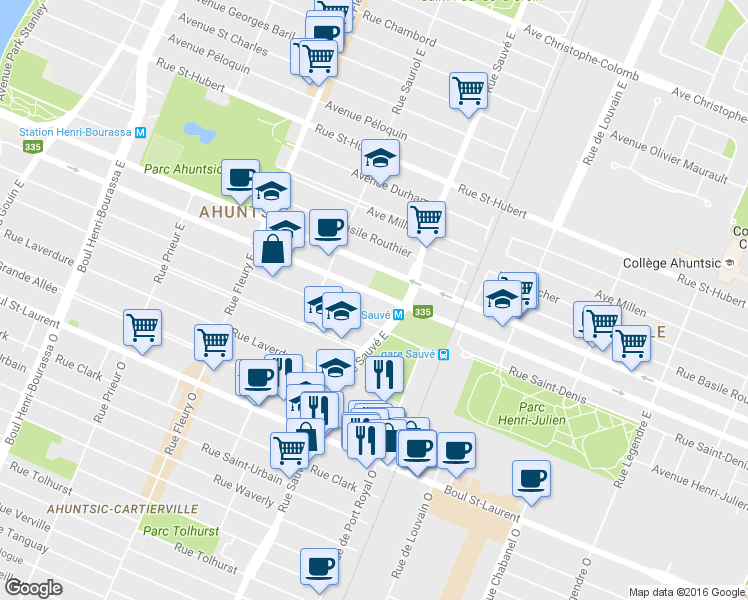 map of restaurants, bars, coffee shops, grocery stores, and more near 9900 Rue Berri in Montréal