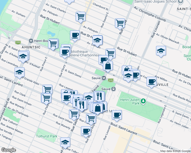 map of restaurants, bars, coffee shops, grocery stores, and more near 9900 Rue Berri in Montréal