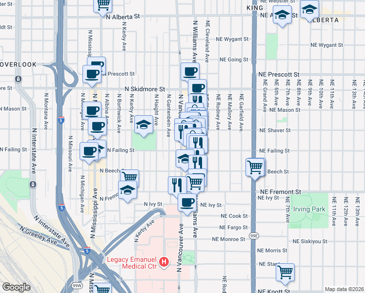 map of restaurants, bars, coffee shops, grocery stores, and more near 3912 North Vancouver Avenue in Portland