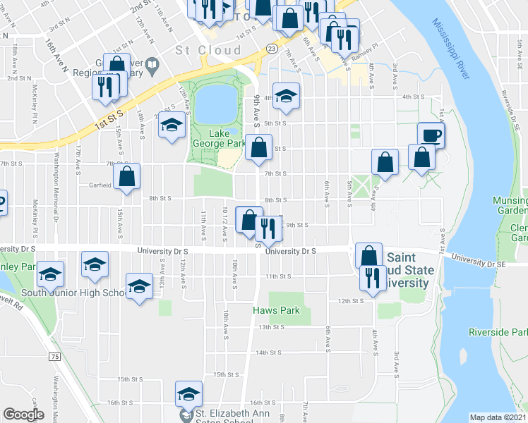 map of restaurants, bars, coffee shops, grocery stores, and more near 810 9th Avenue South in St. Cloud