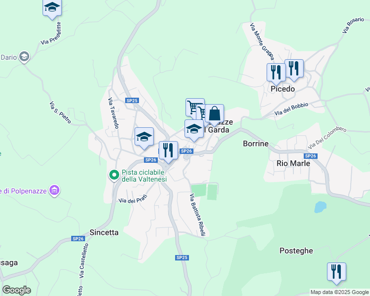 map of restaurants, bars, coffee shops, grocery stores, and more near Strada Provinciale 26 in Brescia