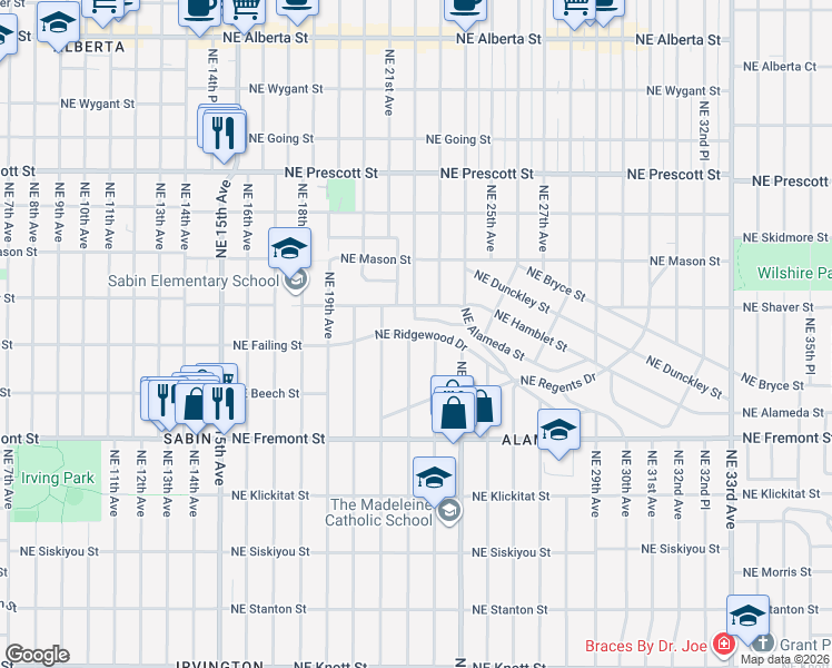 map of restaurants, bars, coffee shops, grocery stores, and more near 3814 Northeast 22nd Avenue in Portland