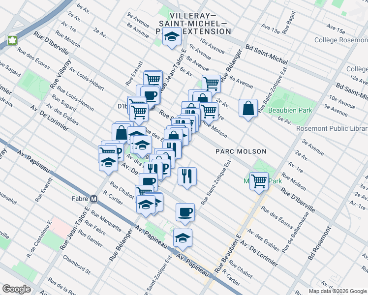 map of restaurants, bars, coffee shops, grocery stores, and more near 2372 Rue Bélanger in Montréal