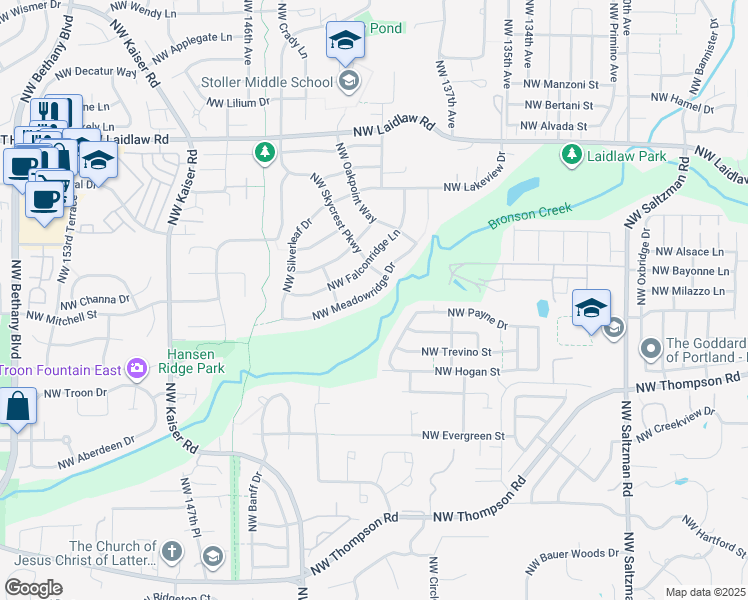 map of restaurants, bars, coffee shops, grocery stores, and more near 14060 Northwest Meadowridge Drive in Portland