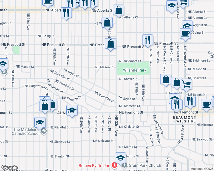 map of restaurants, bars, coffee shops, grocery stores, and more near 3226 Northeast Bryce Street in Portland