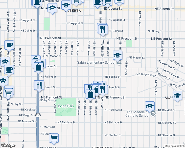 map of restaurants, bars, coffee shops, grocery stores, and more near 3827 Northeast 14th Avenue in Portland