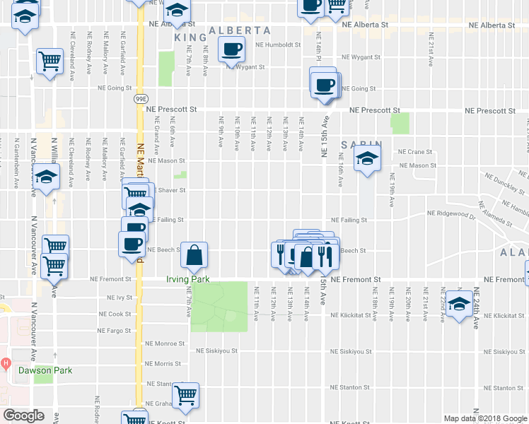 map of restaurants, bars, coffee shops, grocery stores, and more near 3828 Northeast 12th Avenue in Portland