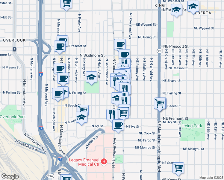 map of restaurants, bars, coffee shops, grocery stores, and more near 3828 North Gantenbein Avenue in Portland
