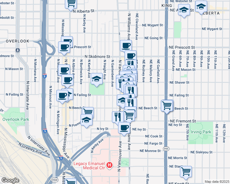 map of restaurants, bars, coffee shops, grocery stores, and more near 3828 North Gantenbein Avenue in Portland