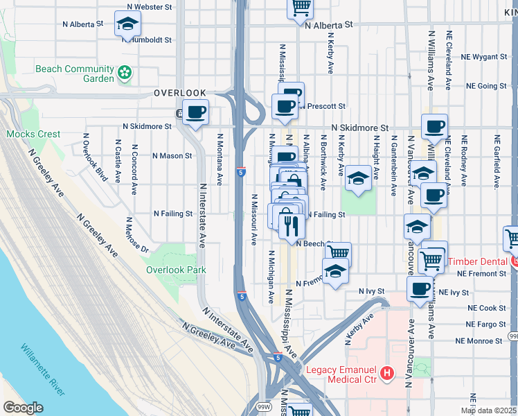 map of restaurants, bars, coffee shops, grocery stores, and more near 3764 North Missouri Avenue in Portland