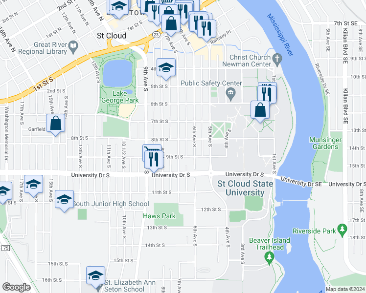 map of restaurants, bars, coffee shops, grocery stores, and more near 610 9th Street South in St. Cloud