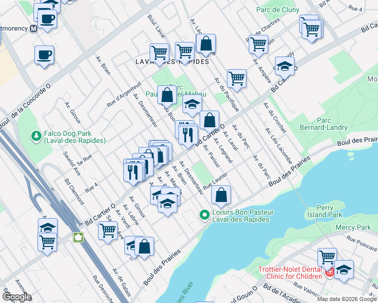 map of restaurants, bars, coffee shops, grocery stores, and more near 358a Boulevard Cartier Ouest in Laval