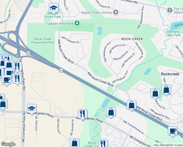 map of restaurants, bars, coffee shops, grocery stores, and more near 20505 Northwest Rock Creek Boulevard in Portland
