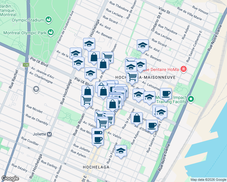 map of restaurants, bars, coffee shops, grocery stores, and more near 2055 Pie-IX Boulevard in Montreal