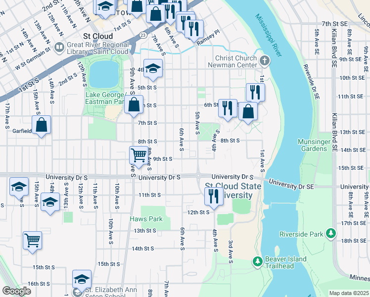 map of restaurants, bars, coffee shops, grocery stores, and more near 812 6th Avenue South in St. Cloud