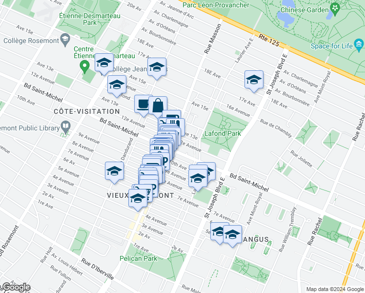 map of restaurants, bars, coffee shops, grocery stores, and more near 5336 12e Avenue in Montréal