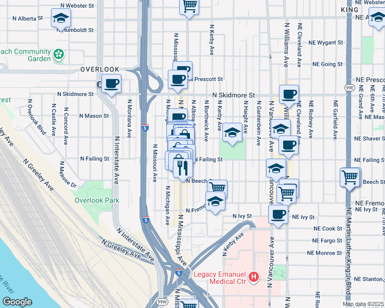 map of restaurants, bars, coffee shops, grocery stores, and more near 3921 North Albina Avenue in Portland