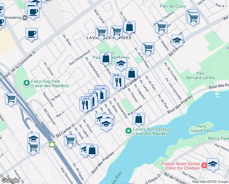 map of restaurants, bars, coffee shops, grocery stores, and more near 130 Avenue Michaud in Laval