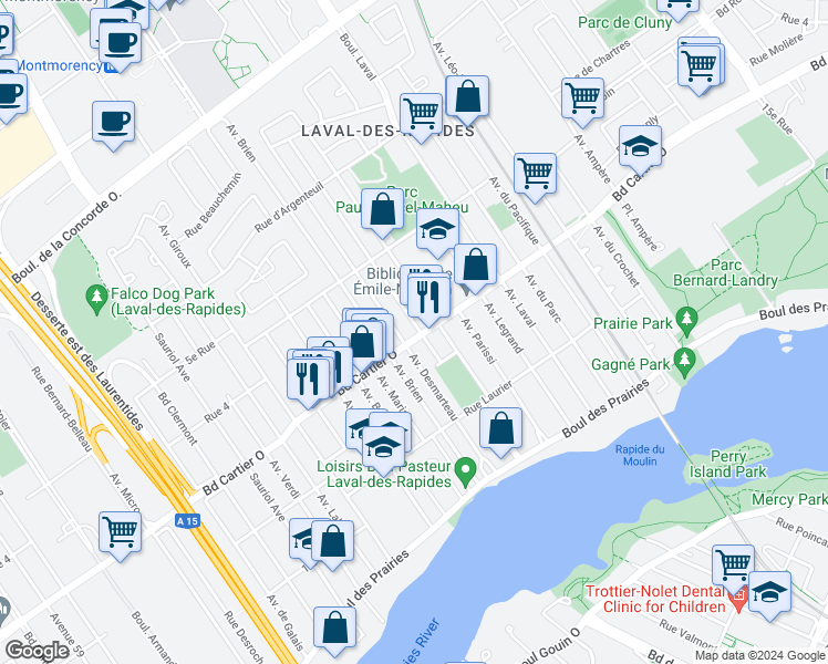 map of restaurants, bars, coffee shops, grocery stores, and more near 130 Avenue Michaud in Laval