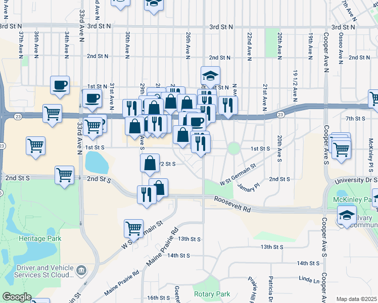map of restaurants, bars, coffee shops, grocery stores, and more near 133 Roosevelt Road in St. Cloud