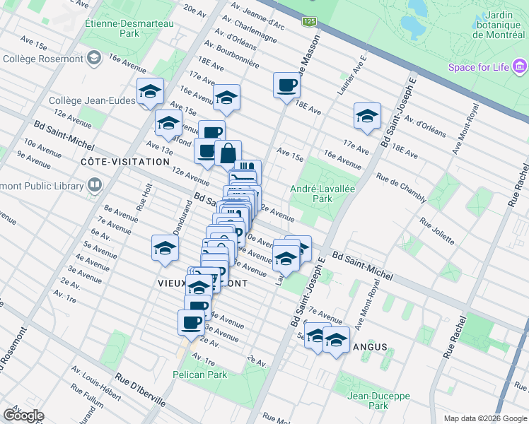 map of restaurants, bars, coffee shops, grocery stores, and more near 5336 12e Avenue in Montréal