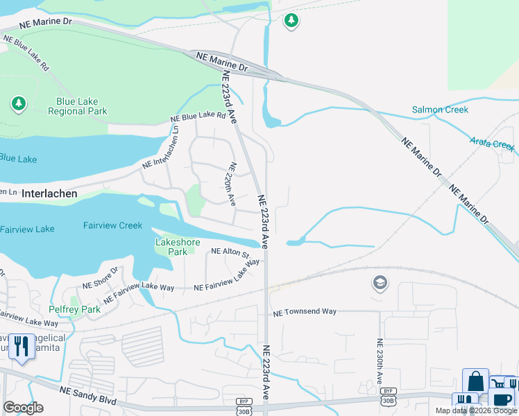 map of restaurants, bars, coffee shops, grocery stores, and more near 22297 Northeast Failing Street in Fairview