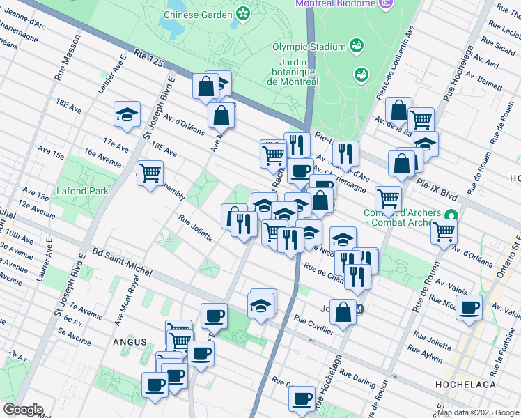 map of restaurants, bars, coffee shops, grocery stores, and more near 3745 Rue Rachel Est in Montréal
