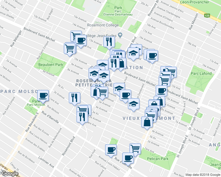 map of restaurants, bars, coffee shops, grocery stores, and more near 5854 8e Avenue in Montréal