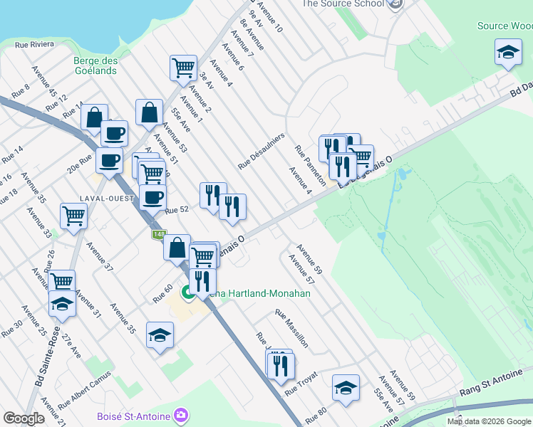 map of restaurants, bars, coffee shops, grocery stores, and more near 610 1re Av in Laval